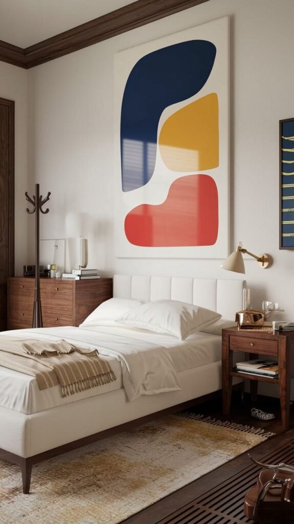 An Apartment One Bedroom with a large abstract painting featuring blue, yellow, and red shapes, a white upholstered bed, wooden nightstands and dresser, and a textured rug.