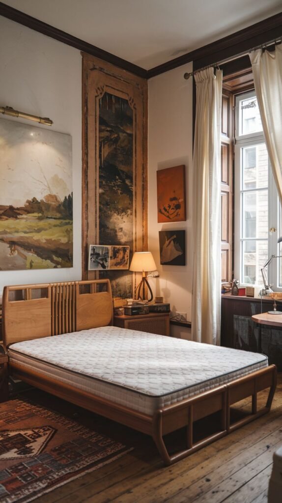 An artistic Apartment One Bedroom with a wooden bed frame and mattress, a large window, and multiple pieces of art adorning the walls, including a large tapestry-like piece.