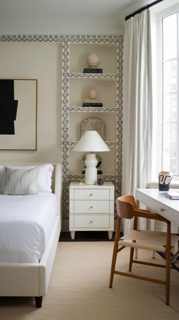A stylish Apartment One Bedroom featuring a white upholstered bed, a white nightstand, a white desk with a wooden chair, and a unique built-in shelf with a decorative border.