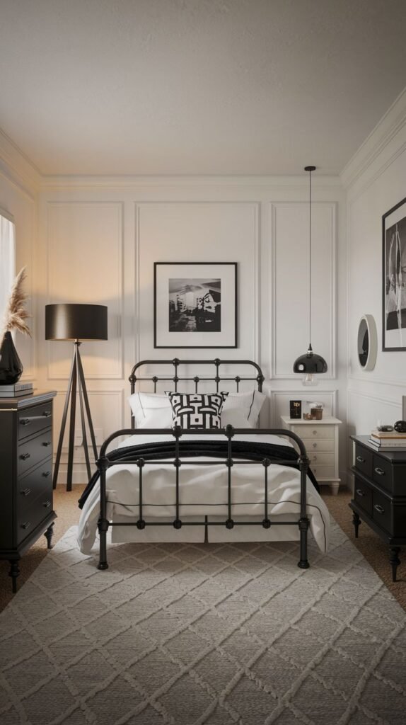 A bold and classic Apartment One Bedroom featuring a black metal bed frame, black dressers on either side, a white nightstand, and black and white artwork and decor.