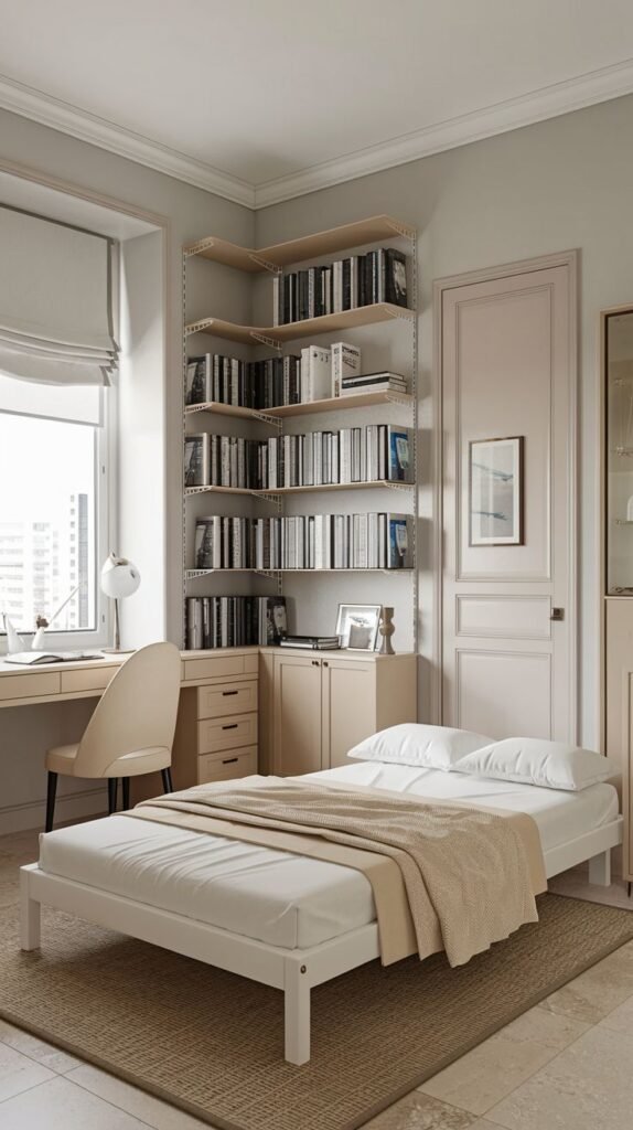 A functional Apartment One Bedroom featuring a white bed with a light brown throw, a desk with an office chair, and an extensive corner shelving unit packed with books.