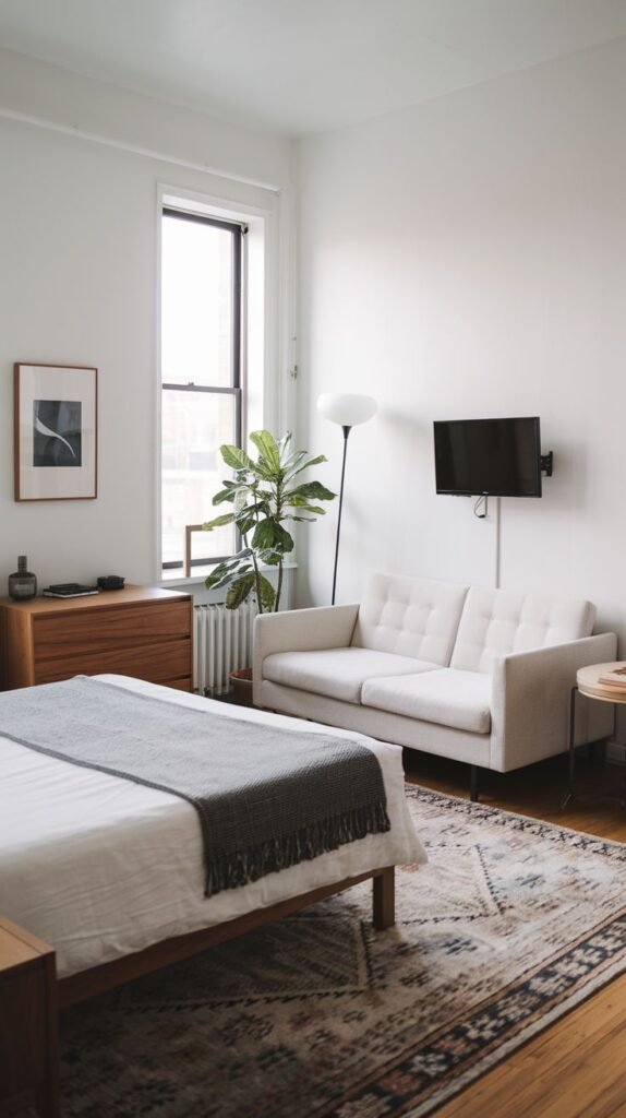 A modern Apartment One Bedroom (studio layout) with a wooden bed frame, a white tufted sofa, a wall-mounted television, and a wooden dresser.