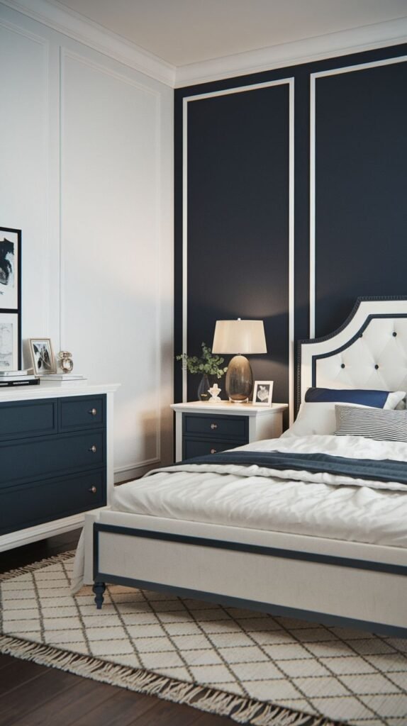 A striking Apartment One Bedroom with a dark blue accent wall featuring white paneling, a white and blue upholstered bed, a dark blue dresser, and a matching nightstand.
