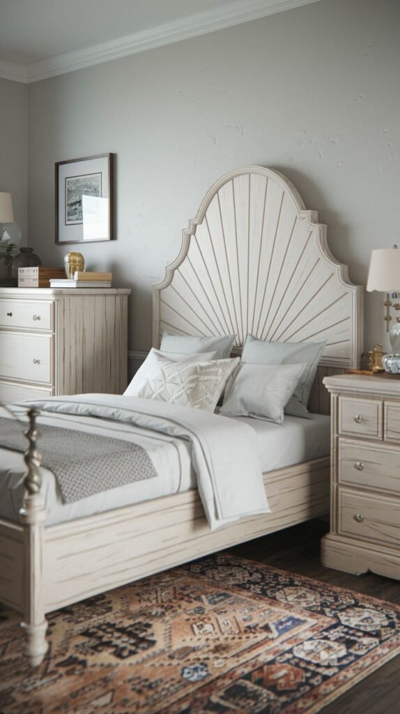 A beautifully detailed Apartment One Bedroom showcasing a white wooden bed with a unique fan-patterned headboard, a distressed white dresser, and a rich patterned area rug.