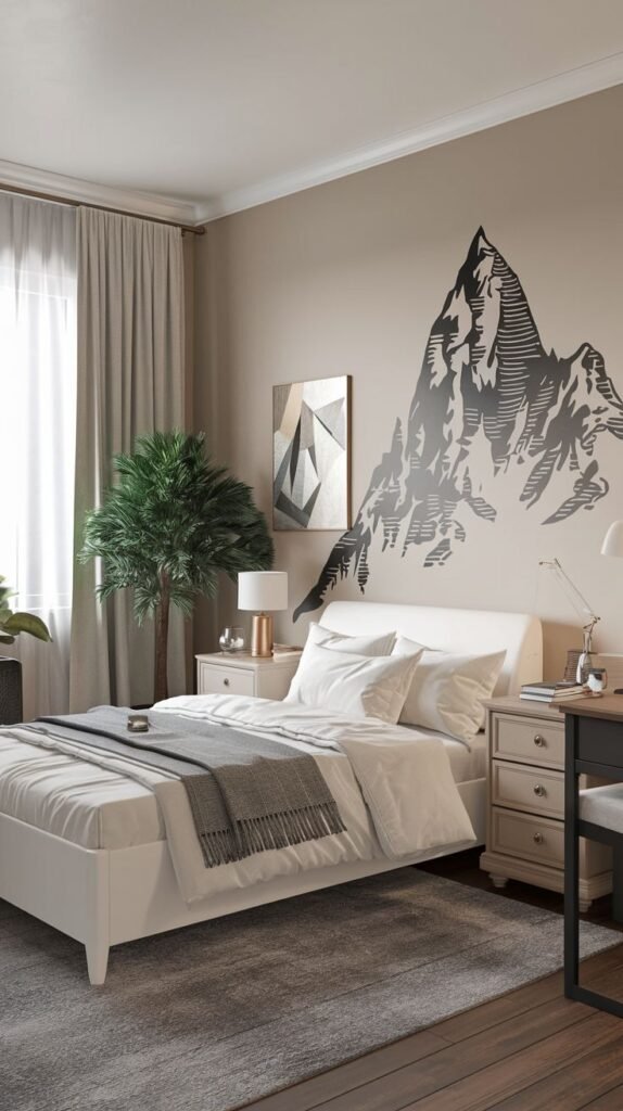 A contemporary Apartment One Bedroom featuring a white bed, a large potted green plant, a desk, and a striking black mountain decal on the wall.