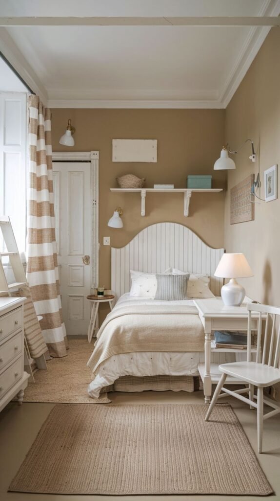 A cozy Apartment One Bedroom with a white slatted wooden headboard, a bed with a light-colored throw blanket, a white dresser, and light beige walls.