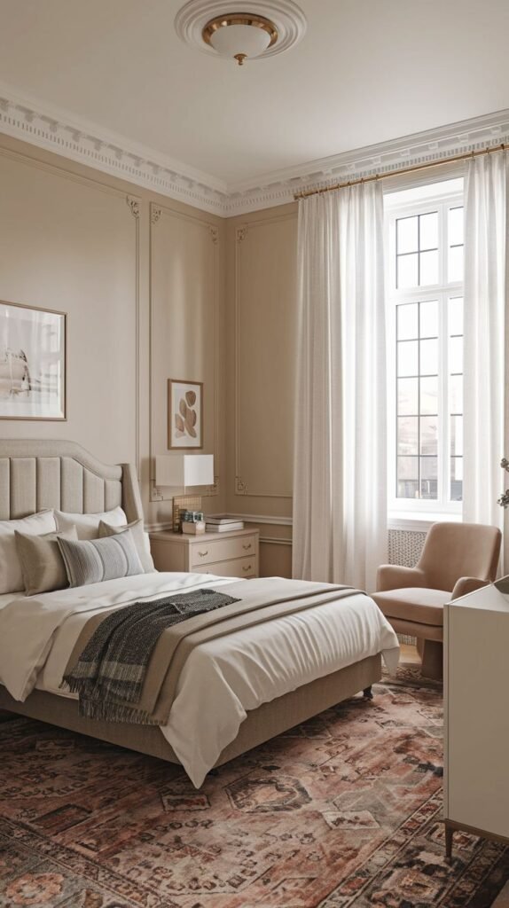 A luxurious Apartment One Bedroom with an elegant upholstered bed, a wooden nightstand, a comfortable armchair, and a large, ornate patterned rug.
