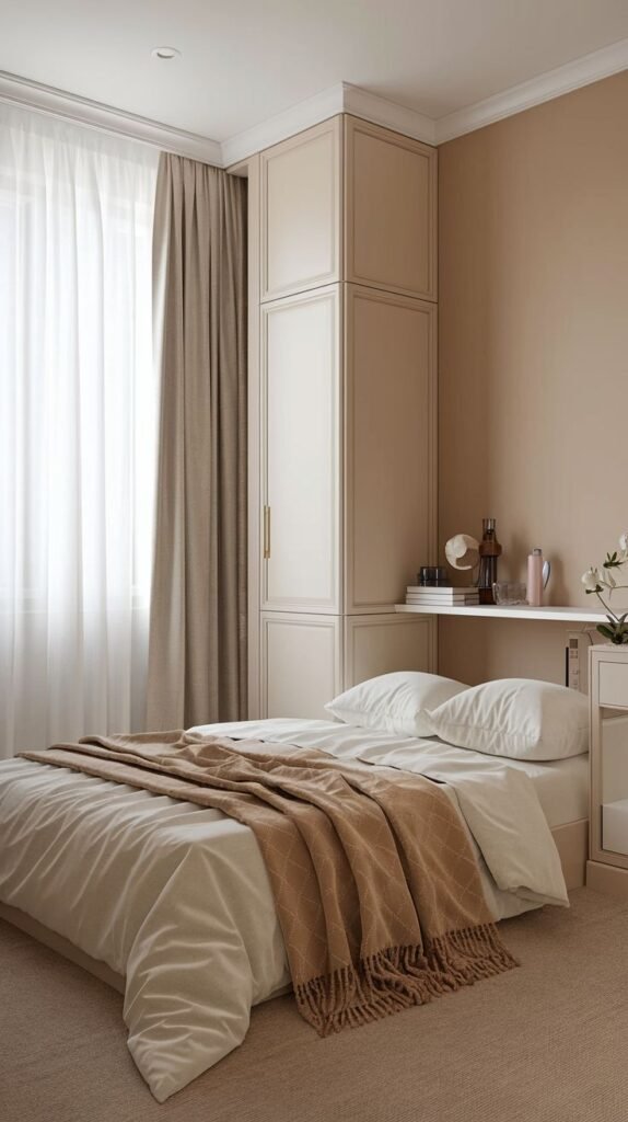 A minimalist Apartment One Bedroom with a bed featuring a brown throw blanket, a light-colored built-in wardrobe, and a simple floating shelf.