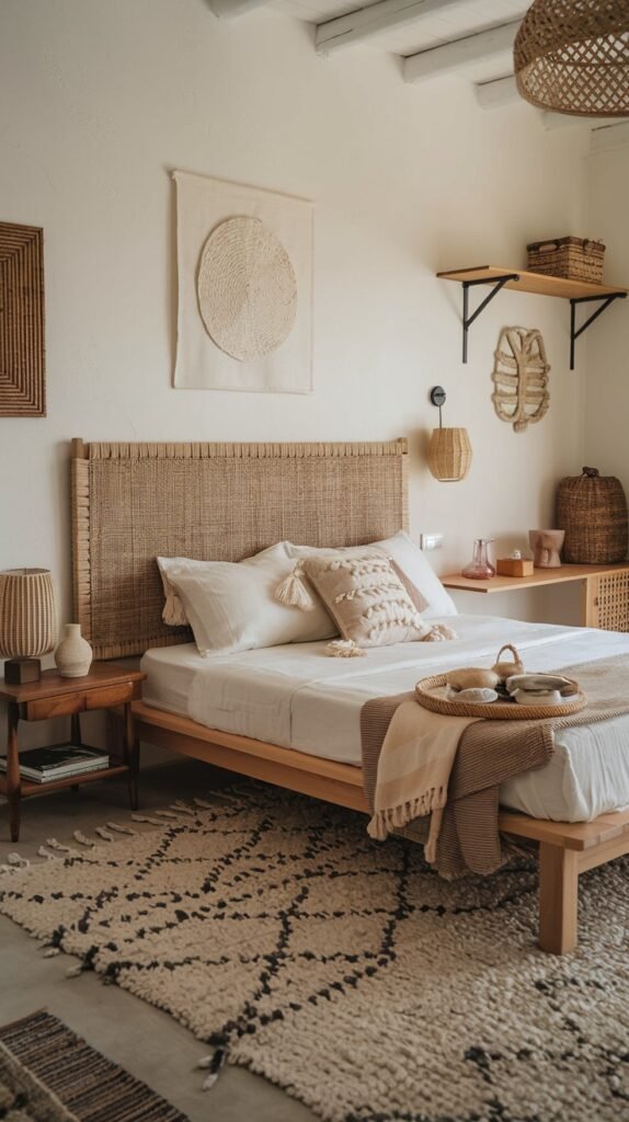 A bright and modern bedroom showcasing a wooden bed frame with an intricately woven organic headboard. The white bedding is accented with textured pillows, and natural decorative elements on wall shelves enhance the room's earthy appeal.