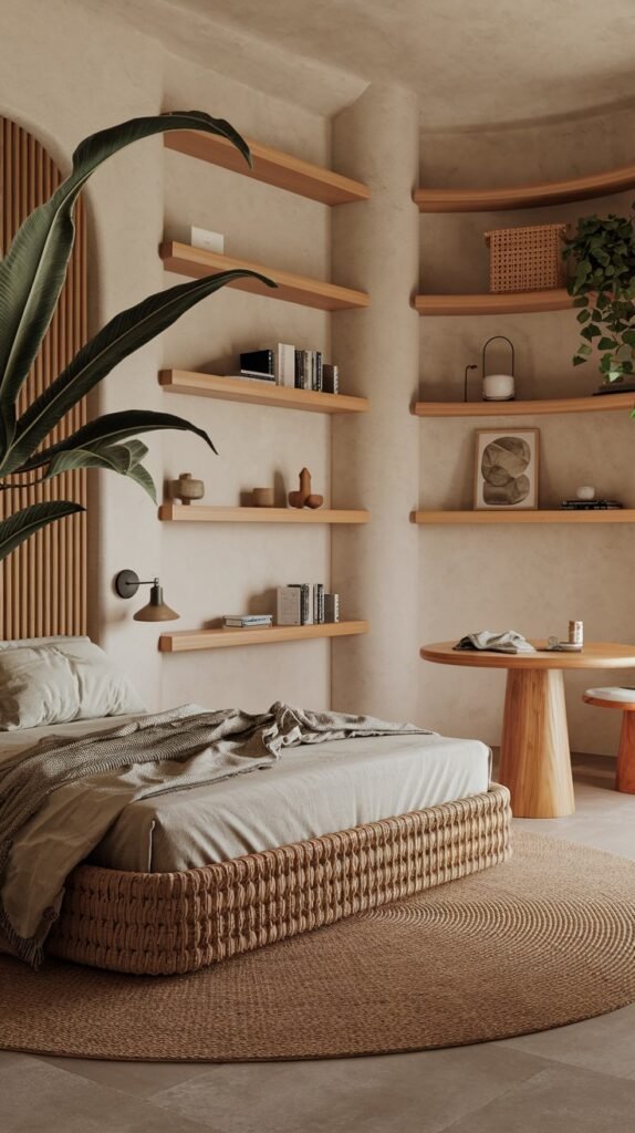 A unique and modern bedroom design with a bed frame featuring an organic woven base. Curved wooden wall shelves offer distinctive display space, and a large potted plant near the bed enhances the natural ambiance.