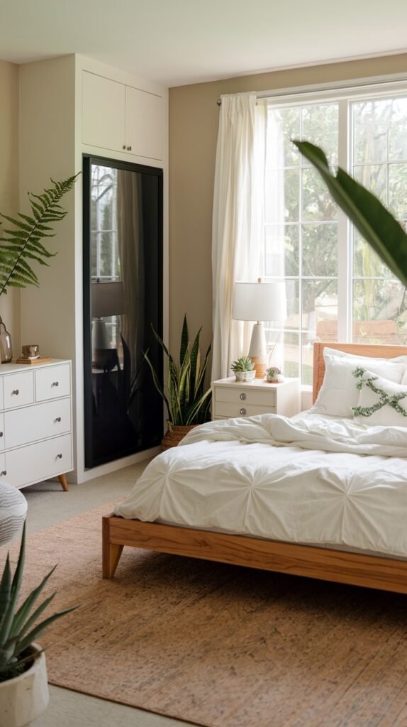 A bright and modern bedroom with a warm wooden bed frame and crisp white bedding, emphasizing an organic connection to nature with an abundance of green plants. A white dresser and a dark mirrored cabinet provide functional storage.