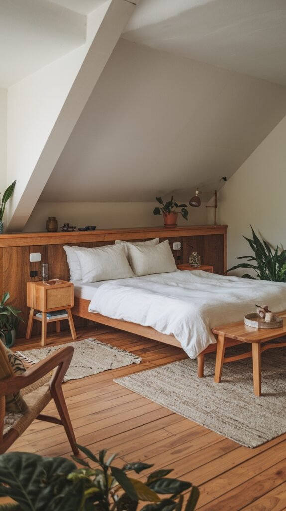 A cozy and modern attic bedroom featuring a wooden bed frame with integrated wooden headboard shelving, creating an organic and cohesive look. White bedding and natural fiber rugs enhance the room's inviting and warm atmosphere.