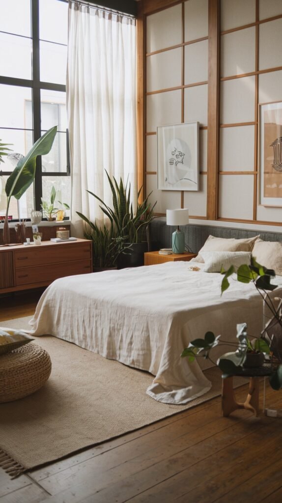 A stylish and modern bedroom combining natural textures with a refined sensibility. The bed is dressed in organic light-colored linen, positioned against a backdrop of wooden grid-patterned wall panels. Multiple large plants contribute to a fresh, natural feel.