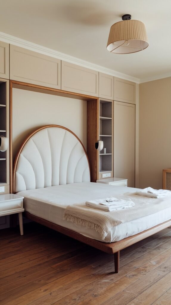An elegant and modern bedroom with a distinctive wooden bed frame featuring a fan-shaped upholstered headboard. Built-in cabinetry above the bed provides sleek storage, maintaining the room's clean lines and organic warmth.