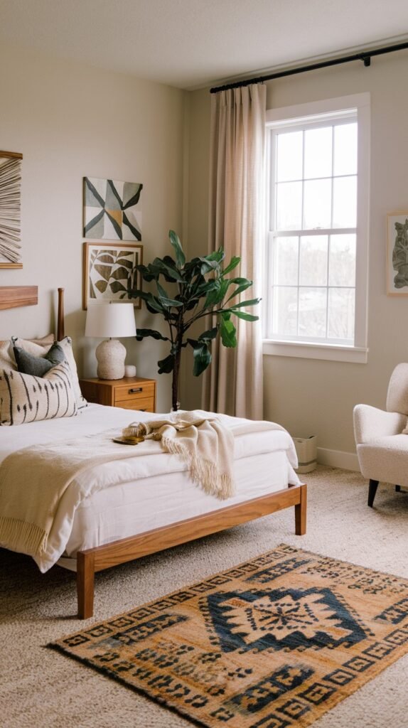 A charming and modern bedroom featuring a light wooden bed frame and neutral, organic bedding. A tall potted plant adds a vibrant natural element, while a graphic patterned rug introduces visual interest and color.
