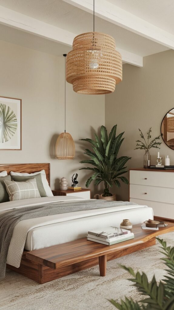 A serene and modern bedroom designed with natural elements, including a wooden bed frame and a matching organic wooden bench at the foot of the bed. Large woven pendant lights and a thriving potted plant reinforce the room's earthy aesthetic.