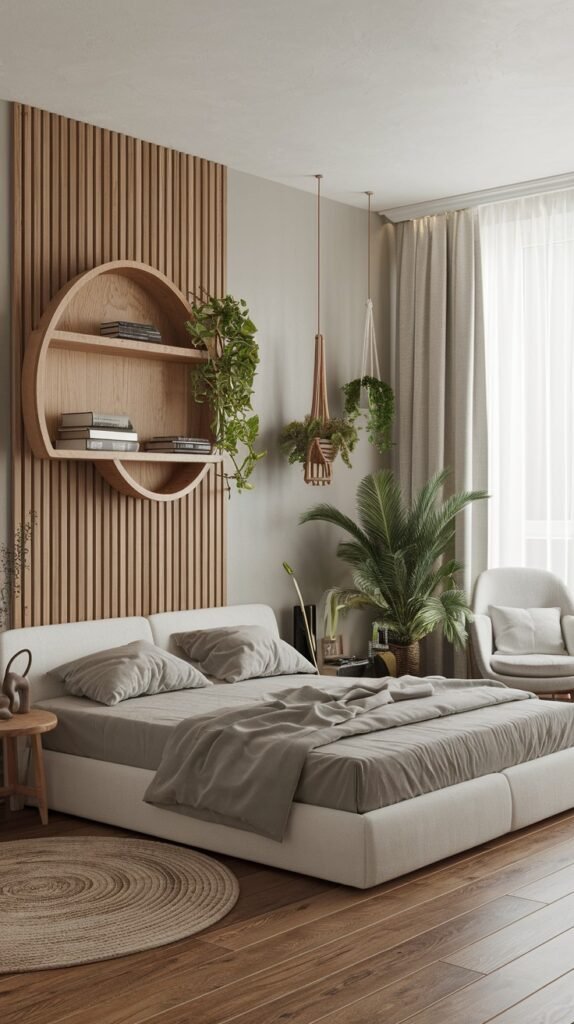 A chic and modern bedroom centered around a light-colored upholstered platform bed. A wooden slatted wall panel serves as a striking backdrop, complemented by an organic round wooden shelf and hanging plants that add a natural touch.
