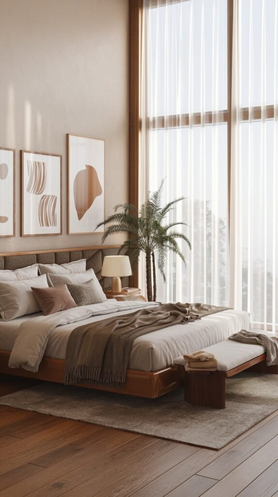 A sophisticated and modern bedroom with a wooden bed frame and a padded headboard, dressed in organic neutral linens. The room's grand scale is accentuated by tall sheer curtains and abstract artwork that complement the earthy tones.