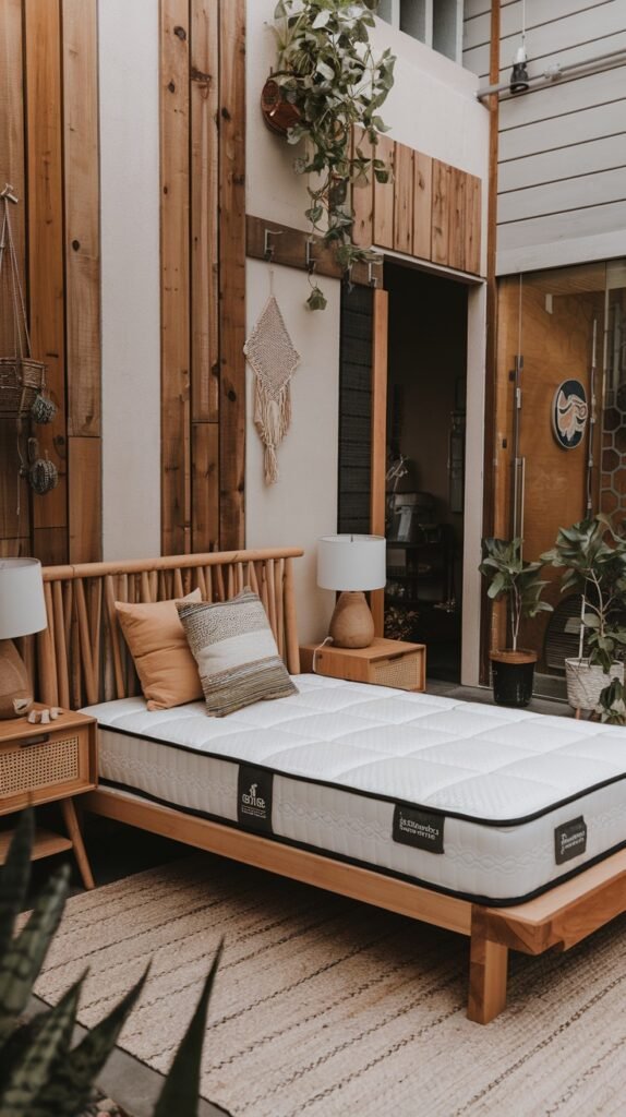 An inviting outdoor or semi-outdoor bedroom space featuring a light wooden bed frame and a white tufted mattress, designed with an organic and rustic feel. The slatted wooden wall and various potted plants enhance the natural, open-air ambiance.