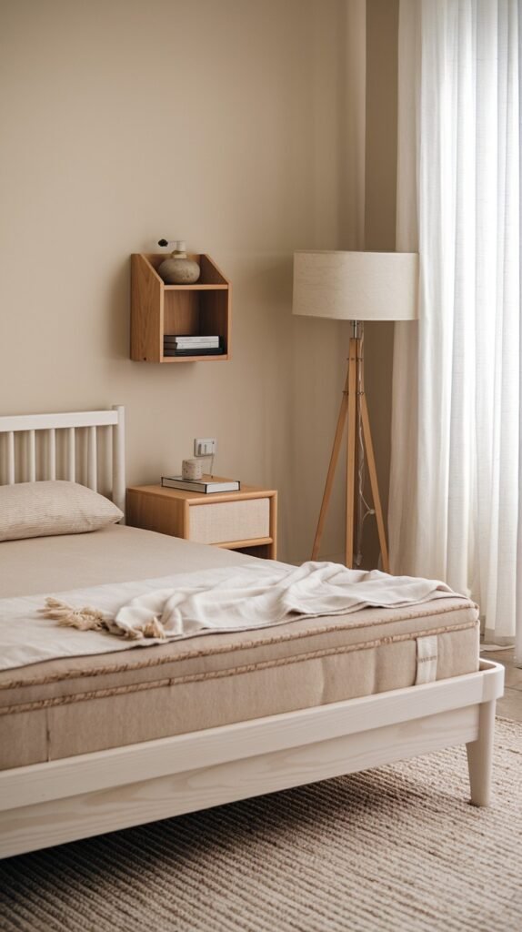 A clean and modern bedroom featuring a white wooden bed frame and a natural-toned mattress, highlighting an organic aesthetic. Simple nightstands and a tall wooden floor lamp complement the light and airy feel of the room.
