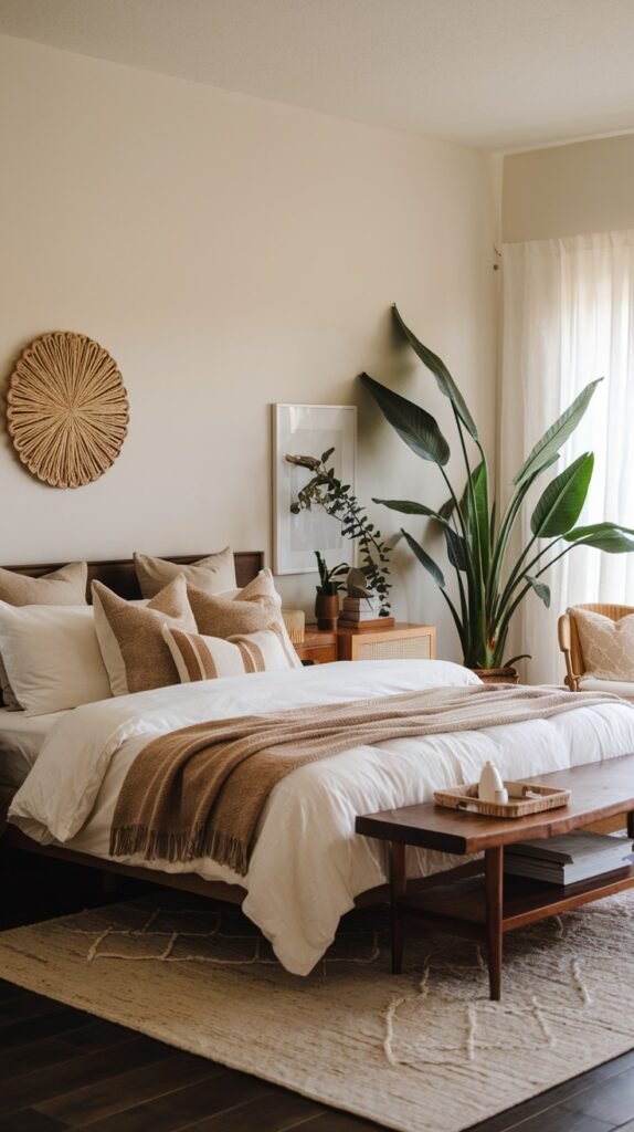 A calming and modern bedroom with a dark wooden bed frame, featuring organic white and natural-toned bedding. A large bird of paradise plant adds a tropical touch, and a wooden bench at the foot of the bed offers a practical and stylish element.