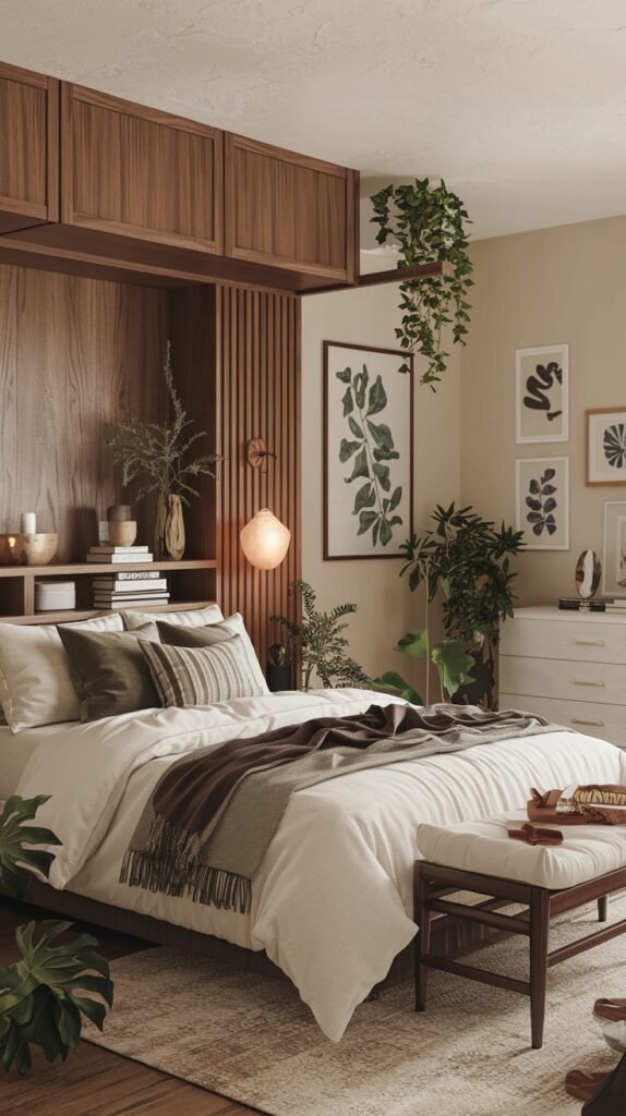 A well-appointed and modern bedroom with a focus on integrated design, featuring a wooden bed frame and built-in wooden shelving above the bed. Abundant organic greenery throughout the room enhances the natural and calming atmosphere.