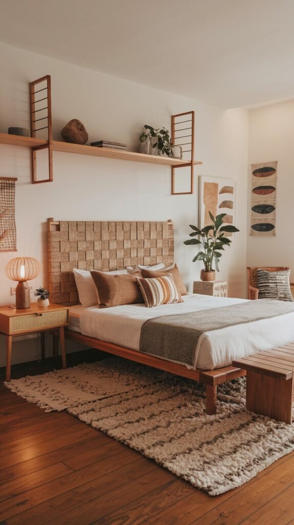 A bohemian-inspired modern bedroom featuring a light wooden bed frame with an organic woven headboard. The room is decorated with textured rugs, and wall shelves displaying natural objects contribute to its earthy and relaxed vibe.