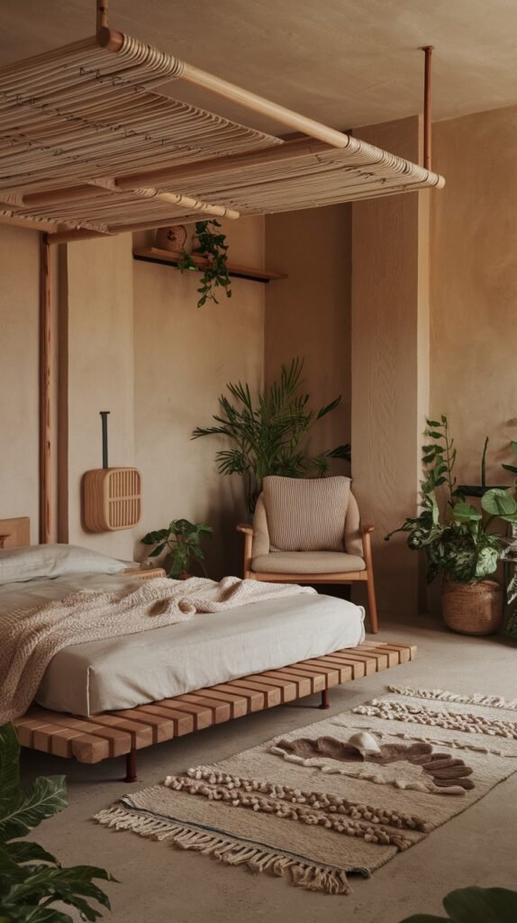 A unique and modern bedroom featuring a low-profile wooden slatted platform bed, dressed in organic neutral bedding. An architectural wooden slatted structure hangs from the ceiling, adding a distinctive natural element to the space.