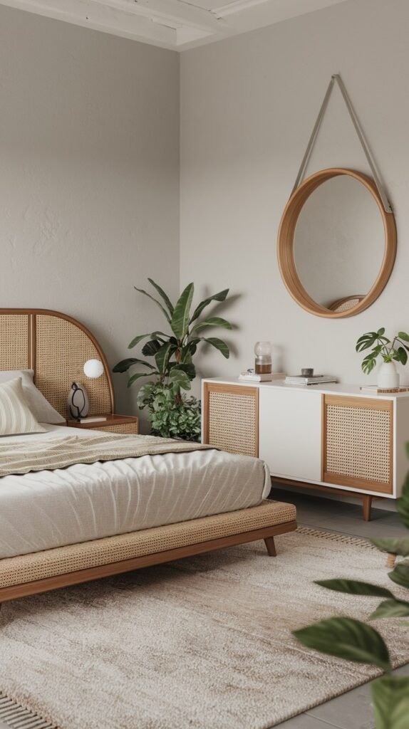 A harmonious and modern bedroom showcasing a bed with an organic rattan-style headboard and frame. A white dresser with woven panel fronts and a round wooden mirror reinforce the room's natural and clean aesthetic.
