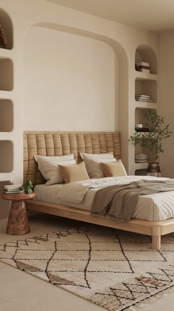 A beautifully designed modern bedroom with a light wooden bed frame and an organic textured headboard. Built-in arched wall niches add an architectural detail, while a patterned rug provides visual depth to the serene space.