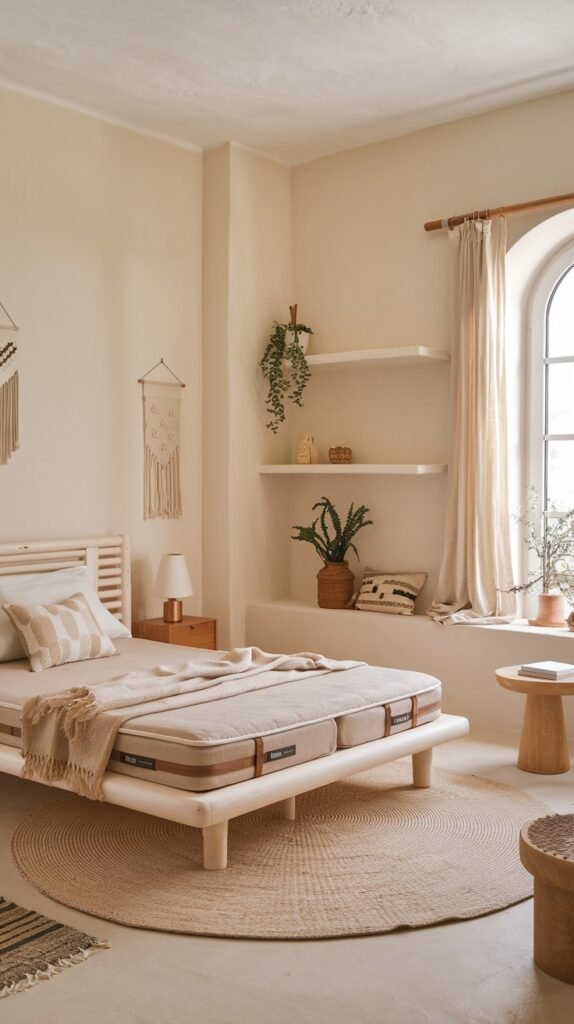 A bright and modern bedroom with a white wooden bed frame and a natural-toned mattress, highlighting an organic feel. A round woven rug and built-in white wall shelves near an arched window complete this serene and charming space.