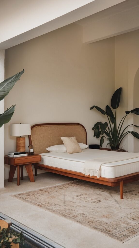A minimalist and modern bedroom with a single wooden bed frame and an organic woven headboard. A simple wooden nightstand and large potted plants emphasize the room's natural and understated elegance.