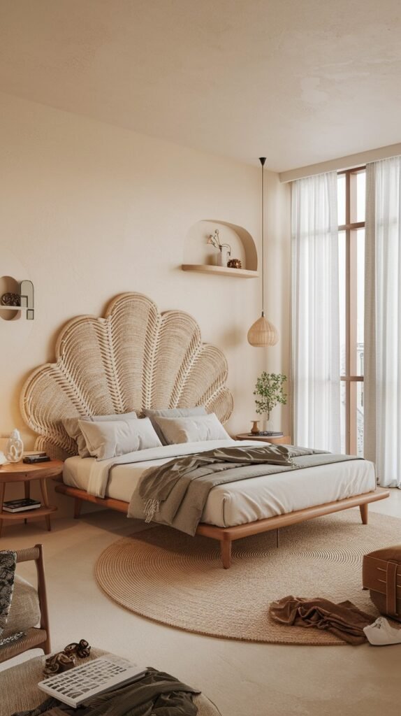 A stunning and modern bedroom with a light wooden bed frame and a grand, fan-shaped organic woven headboard. Neutral bedding and a large round woven rug create a cohesive and naturally elegant design.
