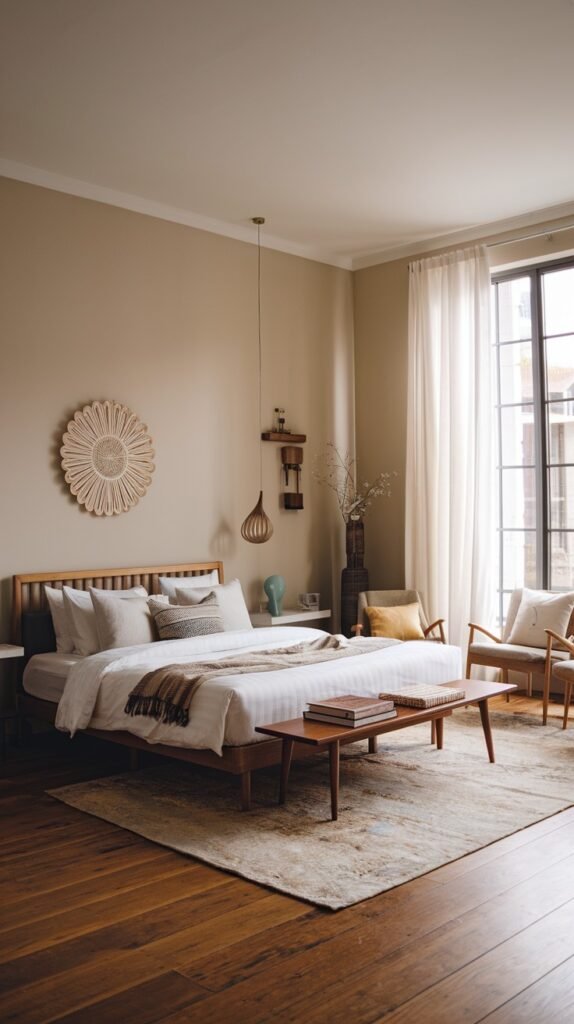 A spacious and modern bedroom designed with an organic sensibility, featuring a light wooden bed frame and crisp white bedding accented with neutral pillows. A long wooden bench at the foot of the bed and two armchairs offer additional seating, enhancing comfort and style.