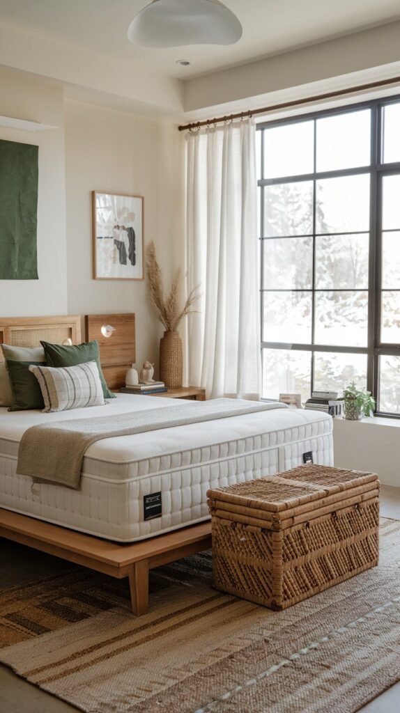 An organic and modern bedroom featuring a light wooden bed frame with a white tufted mattress, accessorized with earthy-toned pillows and a green wall hanging. A large window with black frames overlooks a winter scene, while a woven trunk provides a natural touch at the foot of the bed.