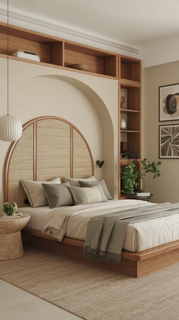 A serene and modern bedroom showcasing a light wooden bed frame with an organic semi-circular rattan headboard. Integrated wooden shelving above the bed offers both storage and display space for decorative items and plants, complementing the room's minimalist aesthetic.