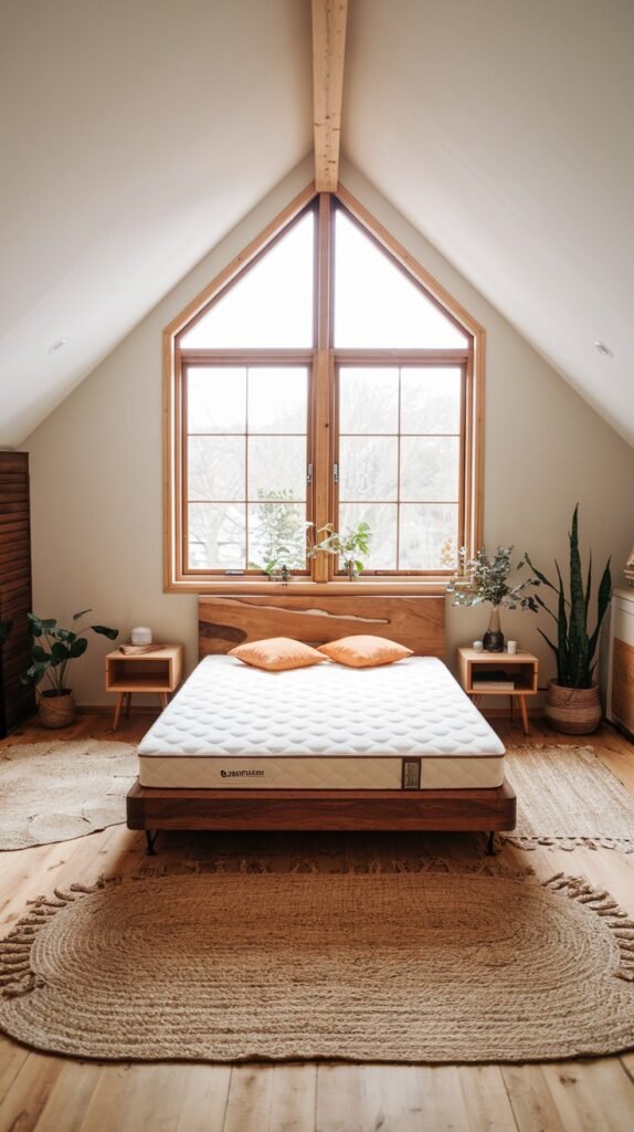 An inviting modern attic bedroom bathed in natural light from a large triangular window, featuring a sleek wooden bed frame and a white mattress with organic orange pillows. Two simple wooden nightstands flank the bed, adding to the room's natural and clean design.