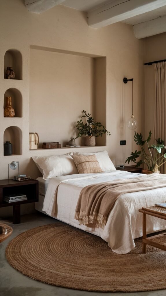 A cozy and modern bedroom with a neutral palette, featuring a bed dressed in soft, organic linen bedding. Built-in arched wall niches provide architectural interest and display space, while a large round jute rug anchors the space with its natural texture.