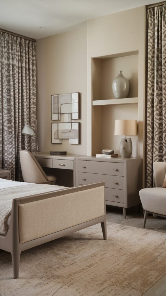 A sophisticated and modern bedroom with muted tones, featuring an upholstered bed frame and complementary organic textures in the bed throw and patterned curtains. A sleek desk and dresser ensemble, along with a comfortable armchair, define a functional yet elegant space.