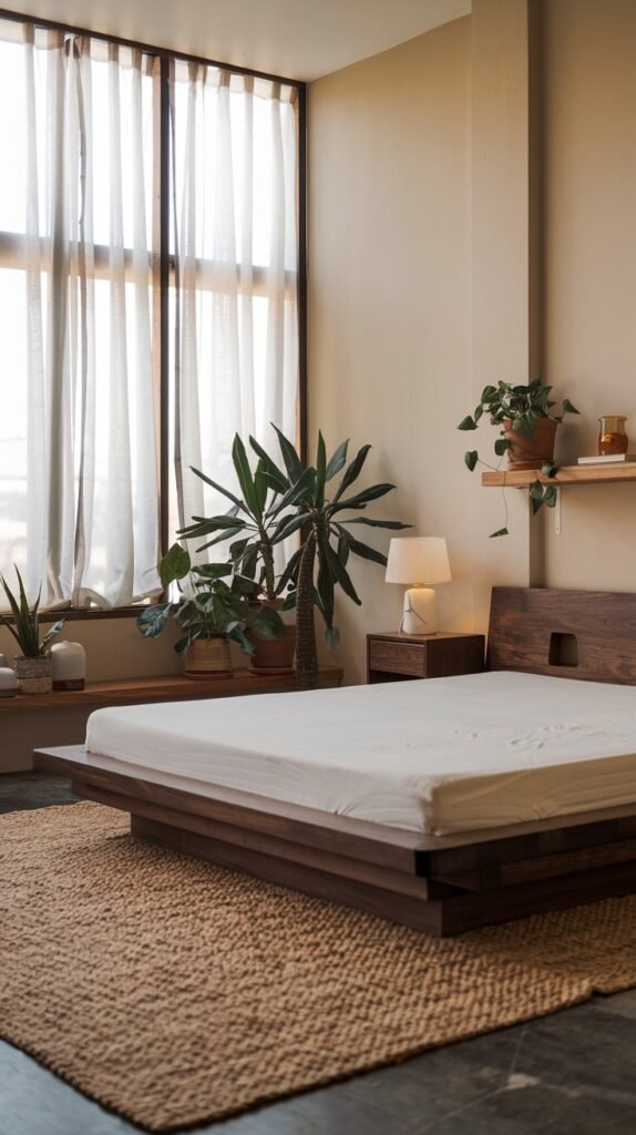 A spacious and modern bedroom with a low-profile dark wooden platform bed, emphasizing an organic connection to nature with numerous large potted plants near expansive windows. Sheer white curtains filter natural light, contributing to a calm atmosphere.