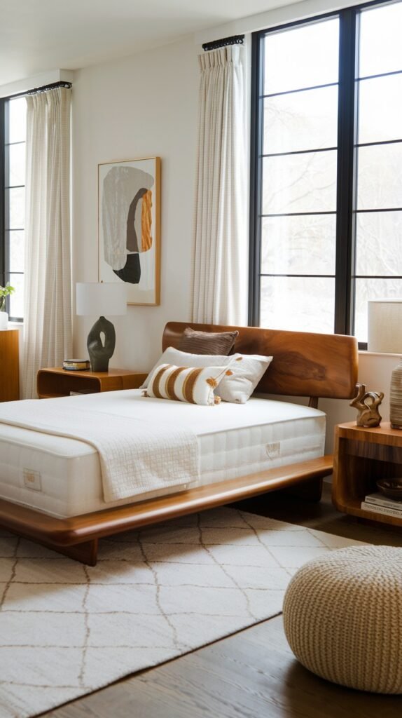 A bright and modern bedroom anchored by a unique wooden bed frame with a curved headboard. The white mattress and a selection of striped and solid neutral pillows offer an organic and inviting feel, complemented by a textured area rug.