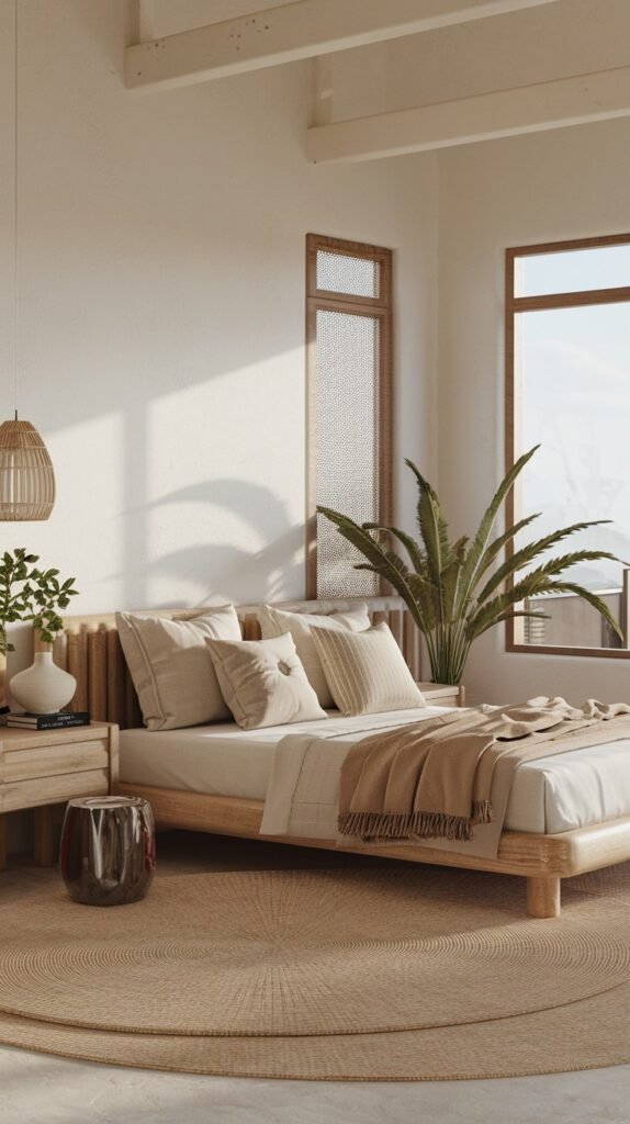 An airy and modern bedroom featuring a light wooden bed frame and neutral, organic linens that drape softly. A large potted plant brings a touch of nature indoors, and a round woven jute rug adds warmth and texture to the space.