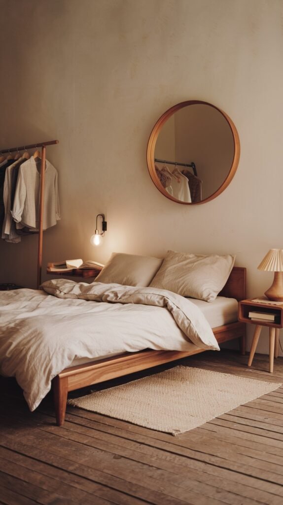 A minimalist and modern bedroom with a simple wooden bed frame and organic light-toned bedding. A round wooden mirror and a wooden clothes rack introduce natural elements, creating a simple yet stylish and functional space.