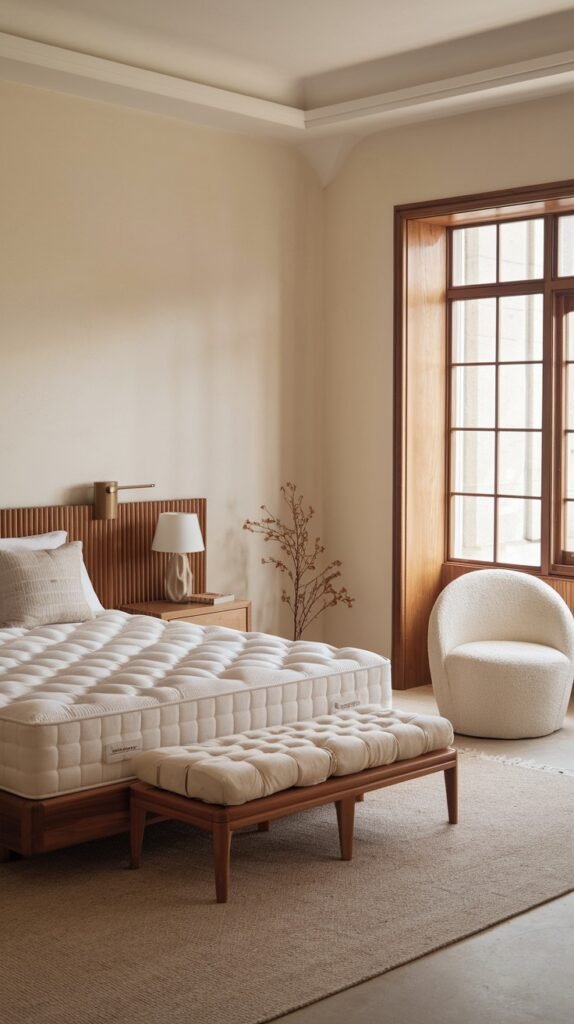 A refined and modern bedroom with a light wooden bed frame and a plush white mattress, complemented by an organic upholstered wooden bench at the foot of the bed. A distinct white curved armchair adds a sculptural element to the serene space.