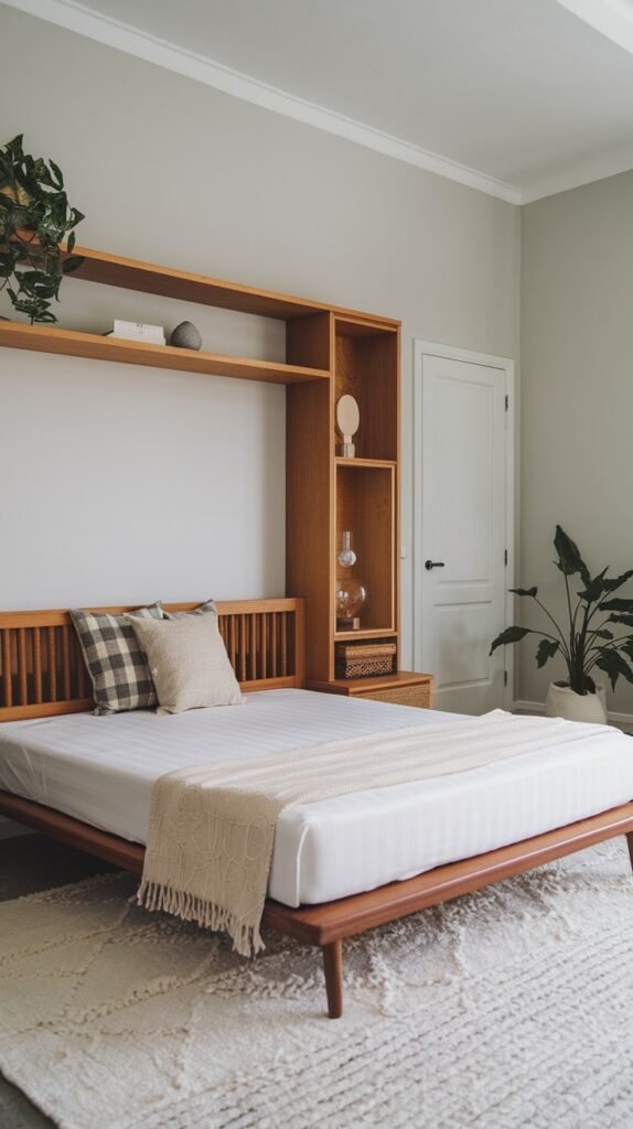 A contemporary and modern bedroom featuring a warm wooden bed frame with a built-in headboard and shelving unit, providing organic storage and display. Neutral bedding and a textured rug create a calming environment, accented by indoor plants.