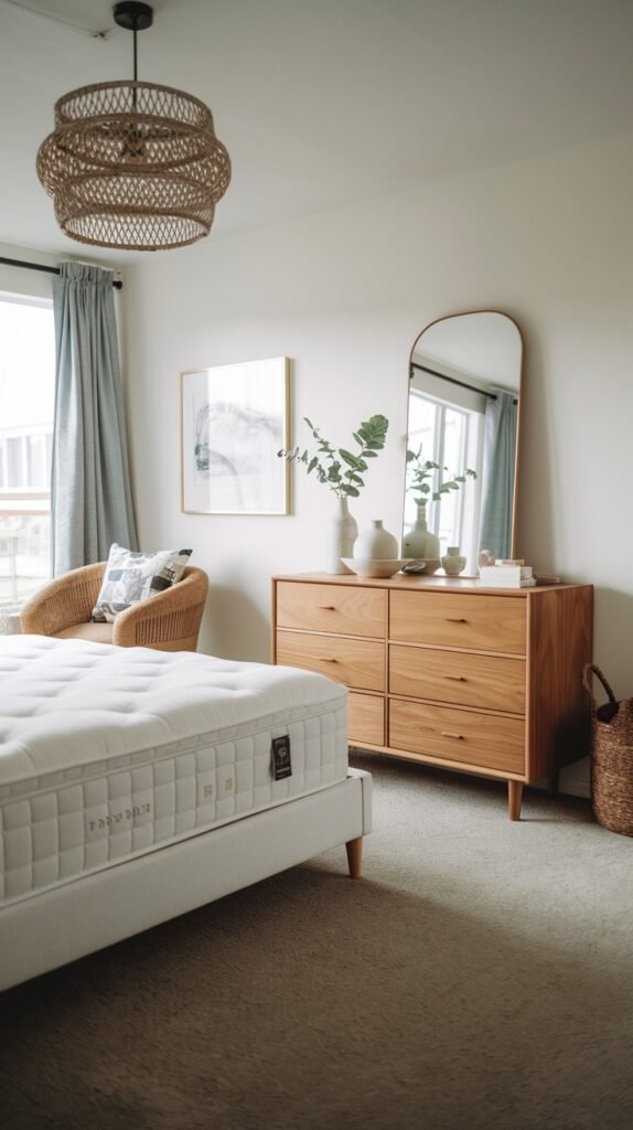 A sophisticated and modern bedroom with a white bed frame and a white tufted mattress. A wooden dresser and a tall mirror bring organic warmth, while a striking woven pendant light serves as a central design feature.