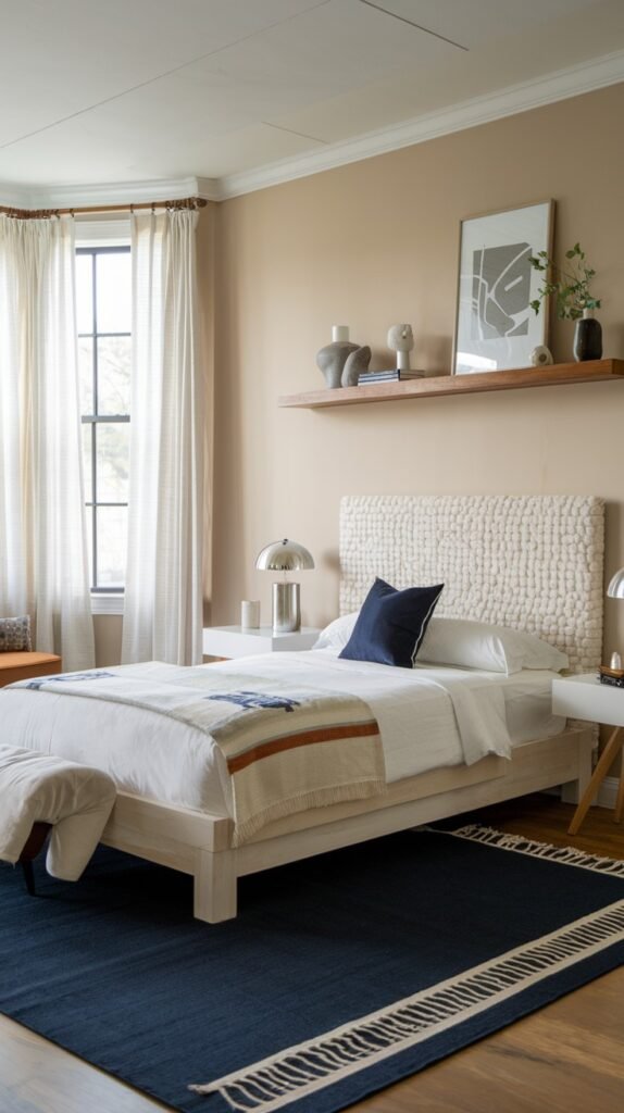 A chic and modern bedroom featuring a light wooden bed frame with a unique, textured organic headboard. The clean white bedding contrasts with a vibrant navy blue rug, adding a pop of color while maintaining a refined aesthetic.