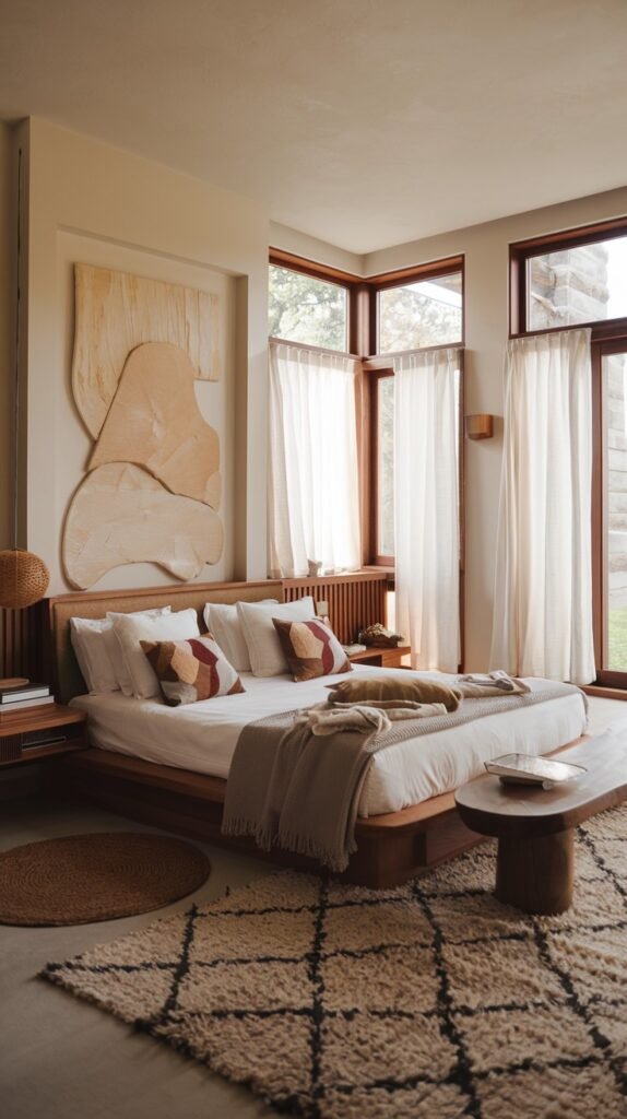 A dramatic and modern bedroom with a dark wooden platform bed and neutral bedding, creating an organic and inviting space. Large abstract artwork on the wall and tall windows with sheer curtains enhance the room's artistic and open feel.