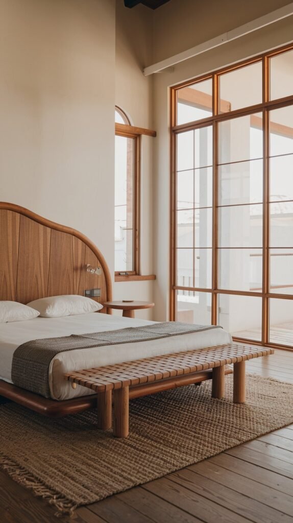 A spacious and modern bedroom featuring a wooden bed frame with a striking curved headboard. A slatted wooden bench at the foot of the bed adds an organic and architectural element, complementing the large grid-patterned windows.
