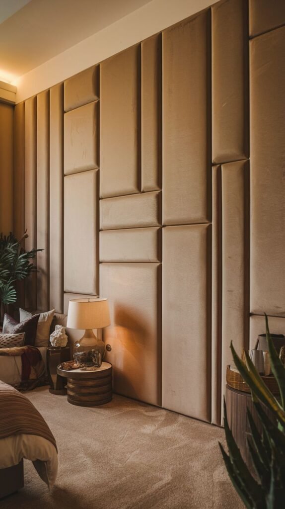 A luxurious bedroom wall panel design features large, plush, and soft-toned upholstered sections, enhancing the warm ambiance of the bedroom, suitable for PVC construction.